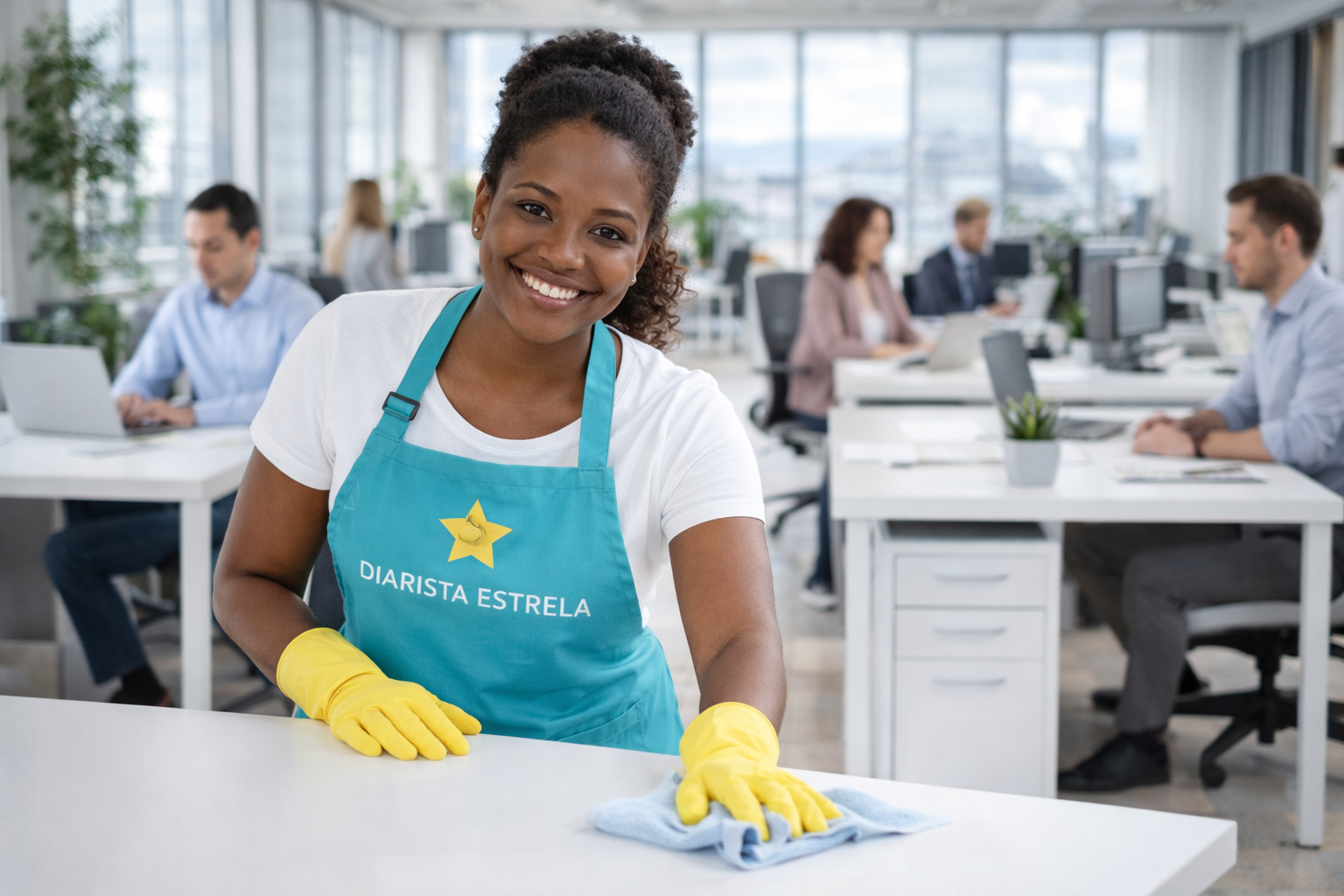Faxina empresarial — equipe Diarista Estrela em uniforme azul tiffany