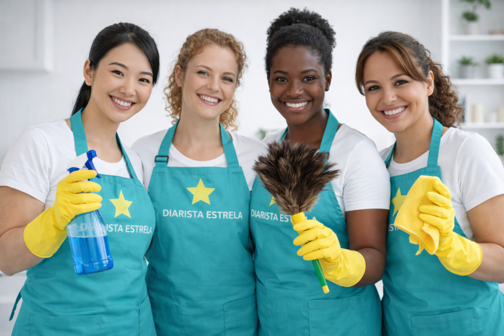 Quatro diaristas sorrindo com uniformes azul tiffany segurando materiais de limpeza