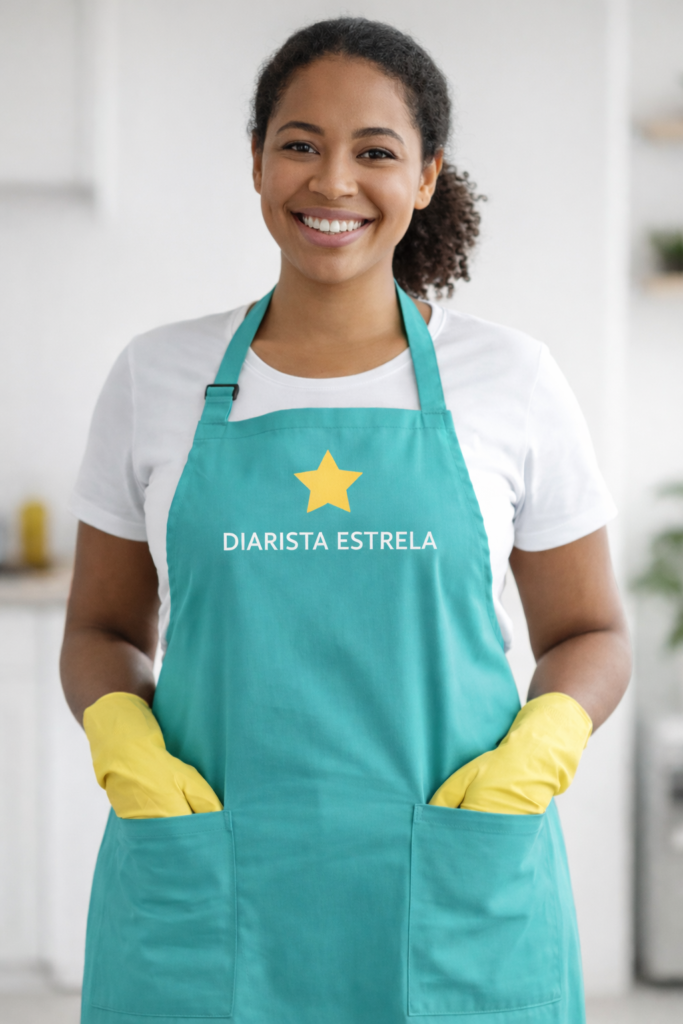 Diarista da Diarista Estrela sorrindo com uniforme azul tiffany e luvas amarelas